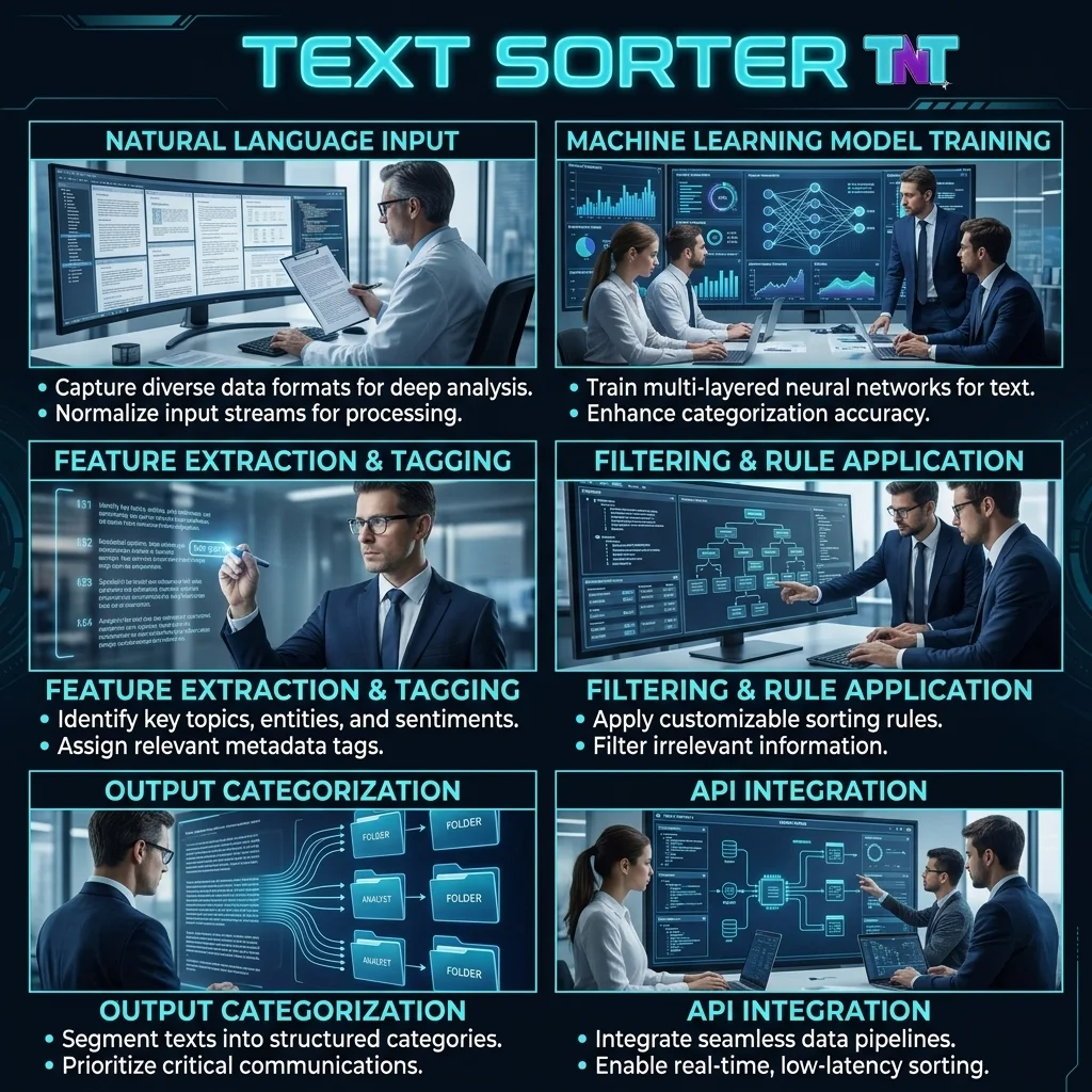 Infographic detailing text sorting options including alphabetical, numeric, and case sensitive sorting